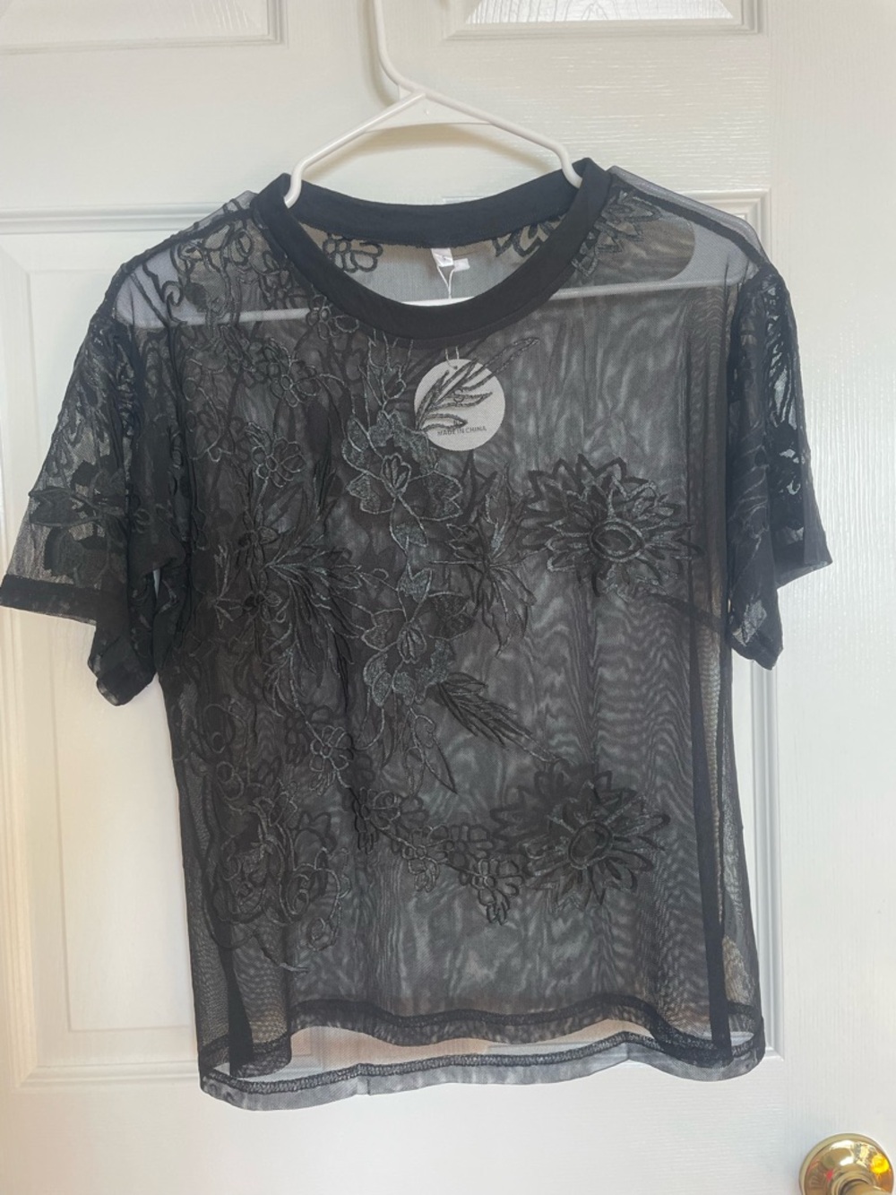 Sheer Embroidered Short Sleeve Tee - Black
